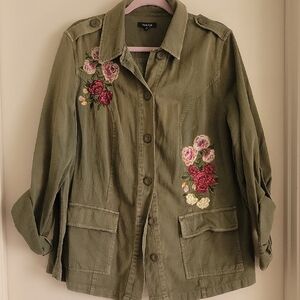 Torrid Olive Utility Jacket with Floral Embroidery
